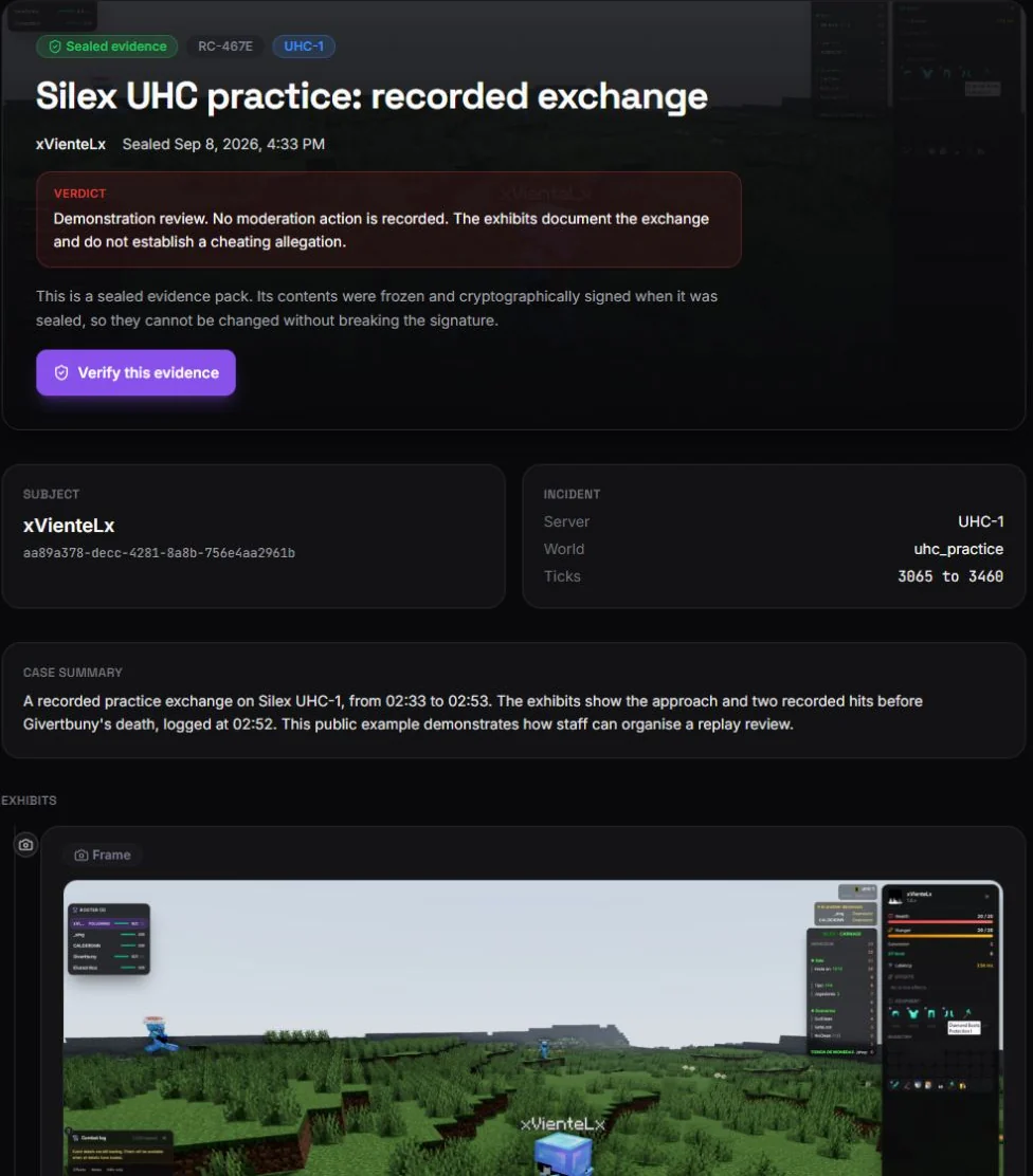 The sealed Silex UHC demonstration pack, with its verdict, player, incident details, summary and recorded exhibits.