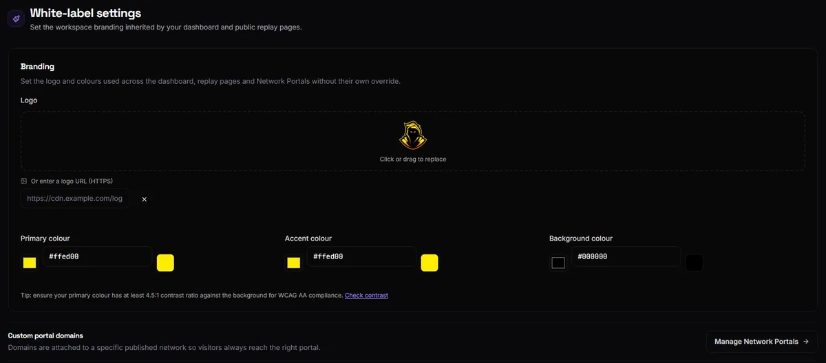 The live Silex logo and colour settings in ReplayCore.