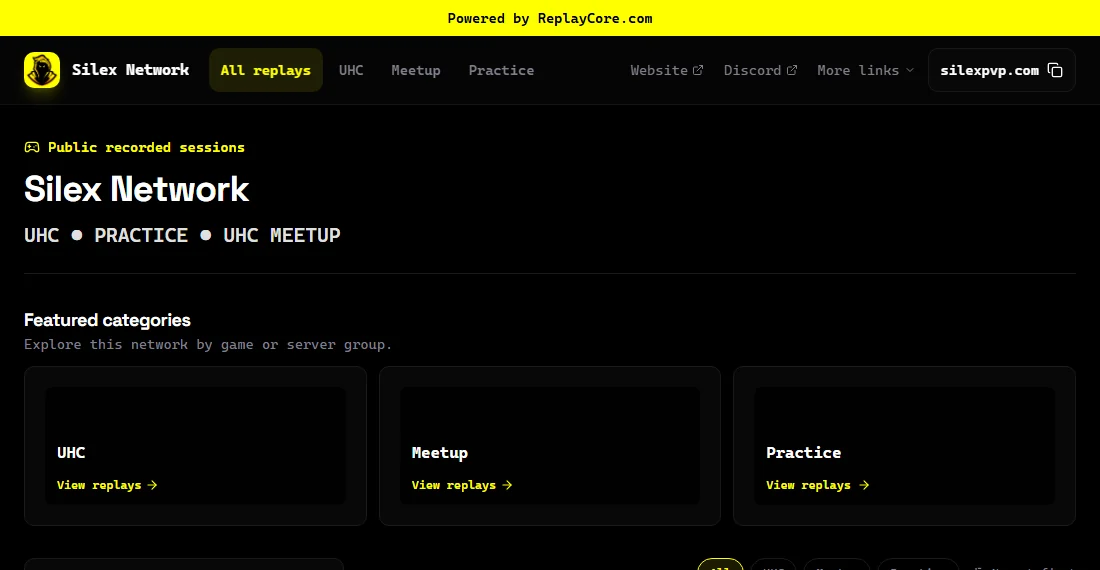 The live Silex Network replay portal, showing its branding and UHC, Meetup and Practice categories.