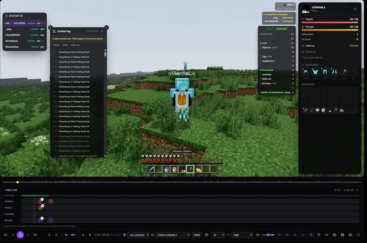 Silex UHC at 02:33 in ReplayCore, with the player inventory, combat log, roster and timeline open.