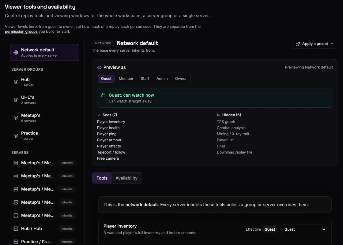Real Silex viewer settings showing inherited network access and a guest preview with visible and hidden tools.