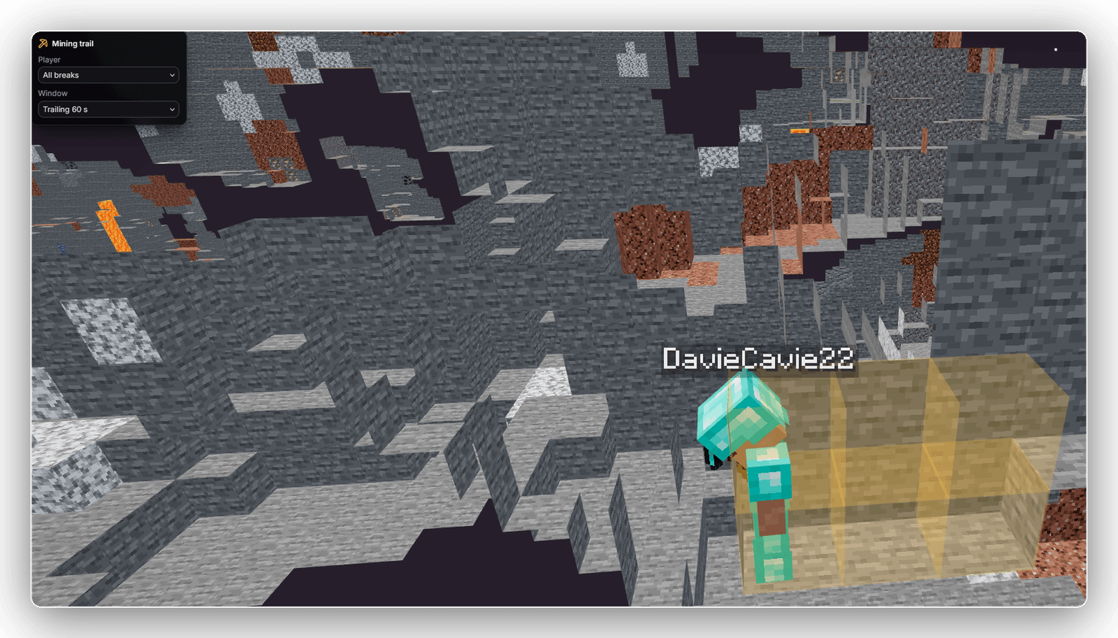 The mining trail lens: every block a player broke, laid bare for xray checks.