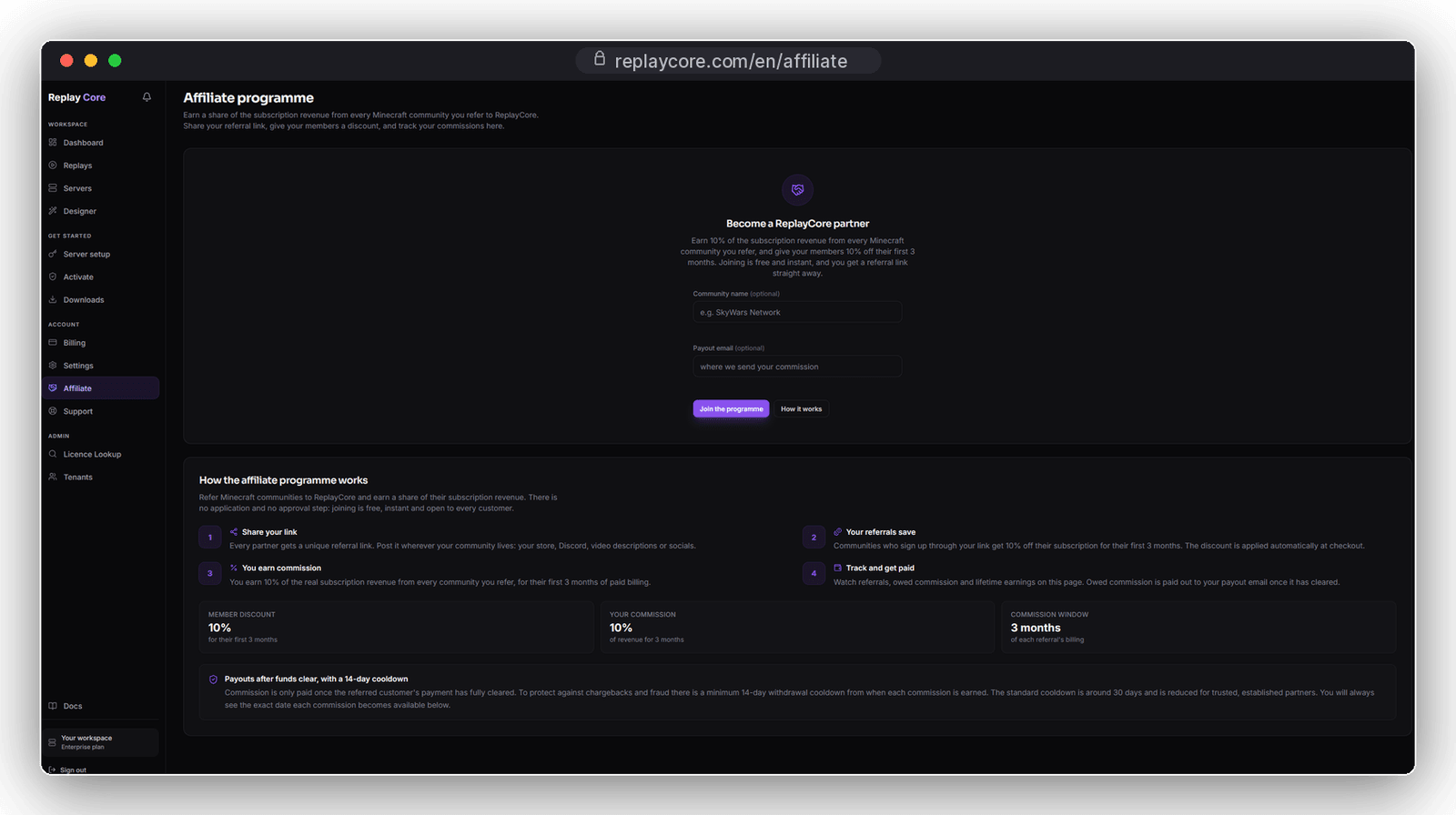 ReplayCore affiliate panel
