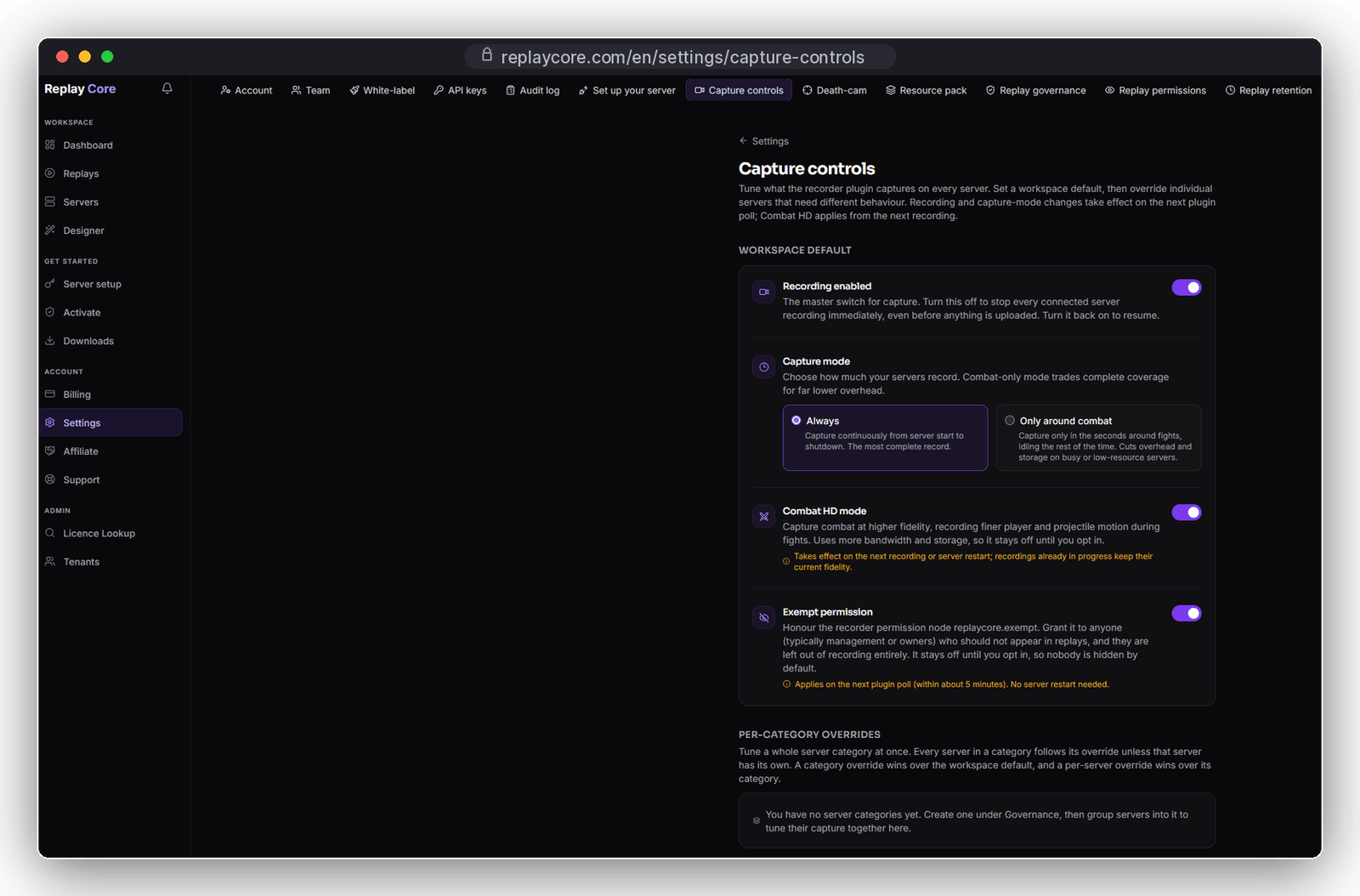 ReplayCore capture panel