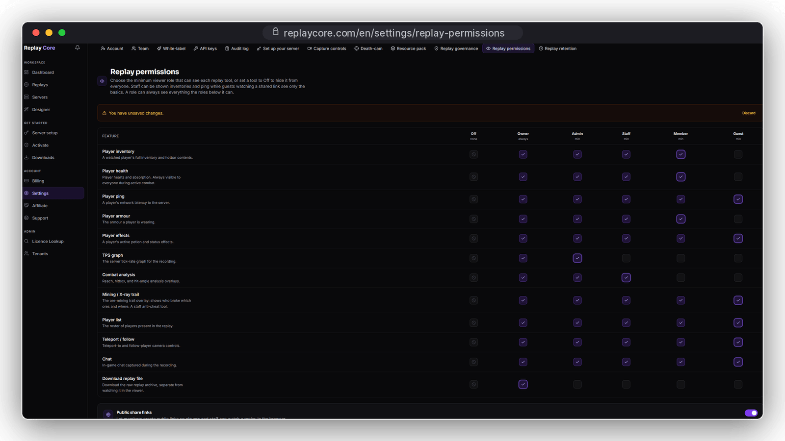 ReplayCore permissions panel