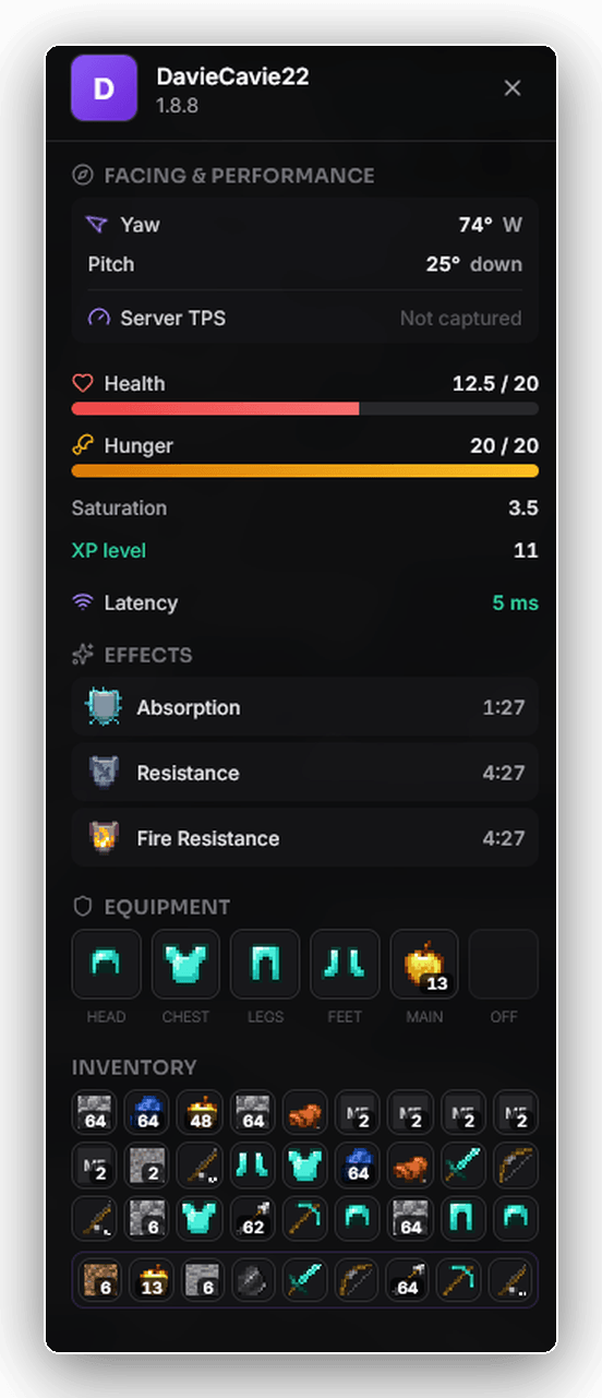 Click any player to read their gear, effects, ping, hunger and full inventory.